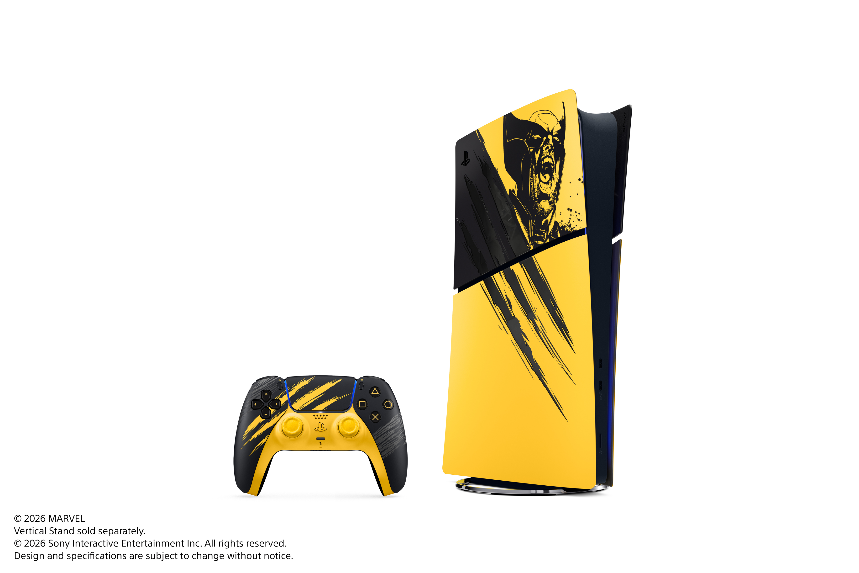 A PlayStation 5 game console and controller featuring a Wolverine-inspired design with black, yellow, and claw mark graphics.