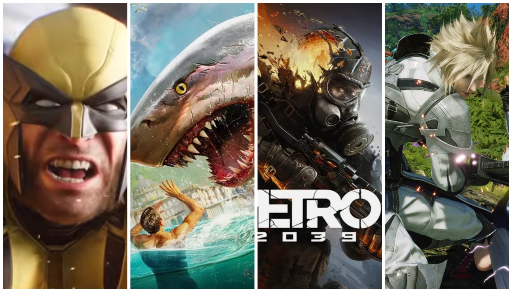 A collage of four images: a close-up of a man with a fierce expression, a large fish with sharp teeth, a futuristic soldier in a gas mask, and a person riding a motorcycle through a lush forest.