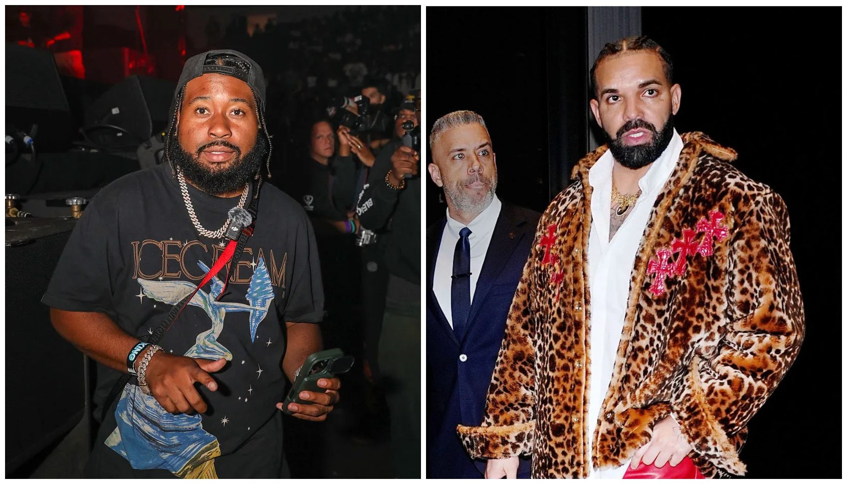 Two-panel collage: Left panel shows man wearing black JOCEGAN t-shirt with chain necklace at indoor event. Right panel shows man in leopard print blazer with pink floral embroidery and white shirt at formal venue.
